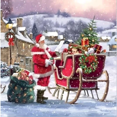 Image of Noel Tatt Charity Christmas Cards Pack of 10 with Artistic Santa and Sleigh Design Eco Friendly Xmas Multipack Envelopes