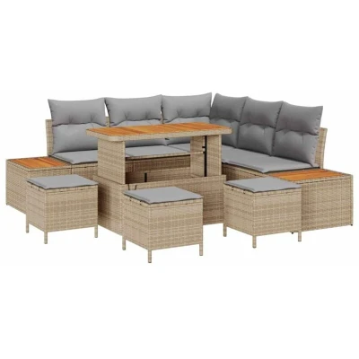 Image of vidaXL 9 Piece Garden Sofa Set with Cushions Beige Poly Rattan Acacia