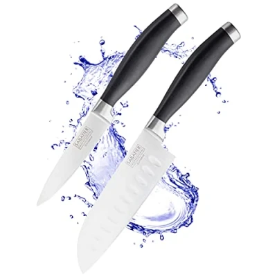 Image of Sabatier Professional Kitchen Knife Set 2pc, 5in/12cm Oriental Santoku &amp; 3.5/9cm Paring Knives. Taper Ground Stainless Steel Blade, Matt Black Rubberised Handle. Lifetime Performance 25yr Guarantee