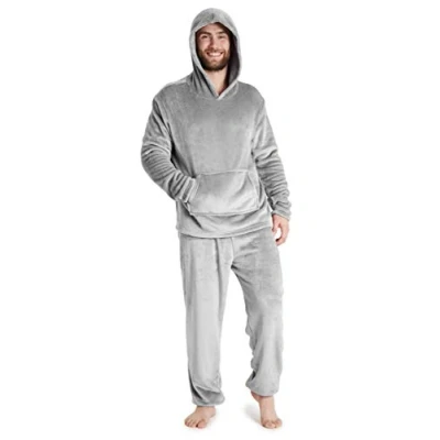 Image of CityComfort Mens Pyjamas Set, Warm Fleece for Men with Fluffy Hoodie (Light Grey, 2XL)