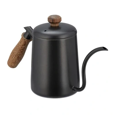 Image of Stainless Steel Teapot, Wooden Handle, 550 ml, With Measuring Scale, Jug Lid, Tea Maker, Anthracite/Brown Relaxdays