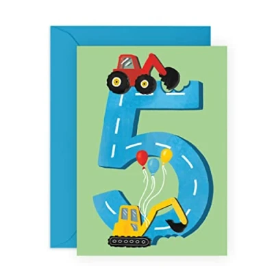 Image of Central 23 Fifth Birthday Card for Boys Happy 5th Age 5 Five Year Old Tractors Greeting Fun Construction Vehicle Themed Kids Son, Grandson With Stickers