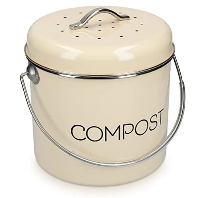 Image of Navaris Metal Compost Caddy Bin 5 Litre Kitchen Composting Bucket with Charcoal Filter and Lid for Indoor Organic Food Waste Recycling Cream