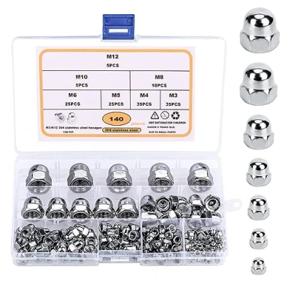 Image of Belle Vous 140 Pack Stainless Steel Acorn Dome Cap Hex Nuts M3, M4, M5, M6, M8, M10 &amp; M12 Head Nut Assortment Kit with Storage Case for Protection, Indoor Outdoor Use
