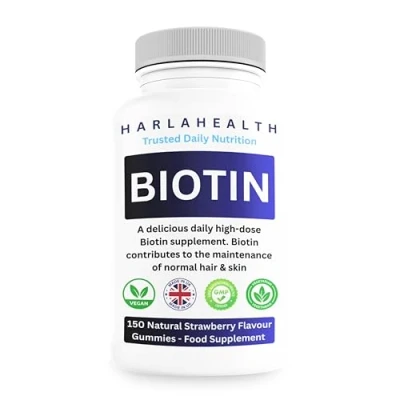 Image of Biotin 5000ug Hair, Skin &amp; Nail Growth Support 150 Natural Strawberry Flavour Gummies 5 Months Supply Suitable for Vegetarians Vegans Harla Health Made in The UK GMP Codes of Practice