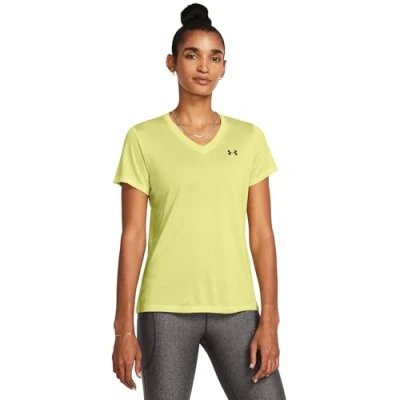 Image of Under Armour womens Tech Twist Short Sleeve V Neck, (727) Sonic Yellow / White Black, M