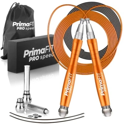 Image of PrimaFIT Pro Speed Skipping Rope Adult Fitness for Men Women Weighted Jump 3m Adjustable Self Locking Aluminium Boxing Gym MMA Crossfit Workout Spare Cable Weights Protectors Carry Bag (Orange)
