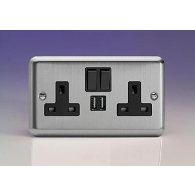 Image of Varilight 2 Gang 13A Double Pole Switched Socket + 5V DC 2100mA USB Charging Ports Matt Chrome XS5U2SB