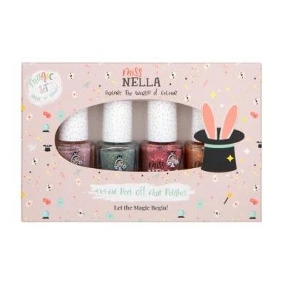 Image of Miss Nella MAGIC COLLECTION Glitter Nail Polish for kids, set of 4: pink glitter, metalic red, OPEN, gold &amp; blue silver, Peel Off varnish toddlers