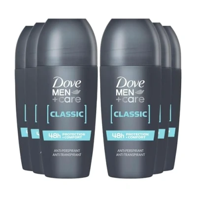 Image of Dove Men+Care Roll On Classic 48 Hours Sweat and Odour Protection with Long Lasting Fresh Clean Fragrance Antiperspirant Travel Size Deodorant, 50ml Pack of 6