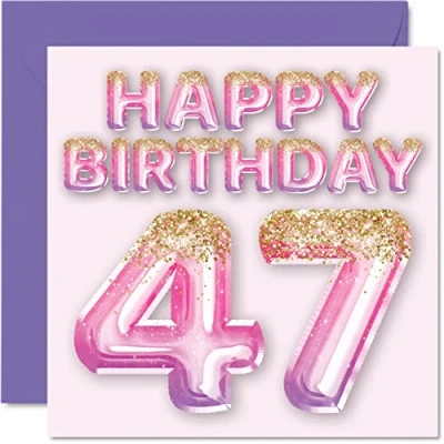 Image of 47th Birthday Card for Women Pink &amp; Purple Glitter Balloons Happy Cards 47 Year Old Woman Mum Cousin Friend Sister Auntie, 145mm x Forty Seven Seventh Greeting Gift