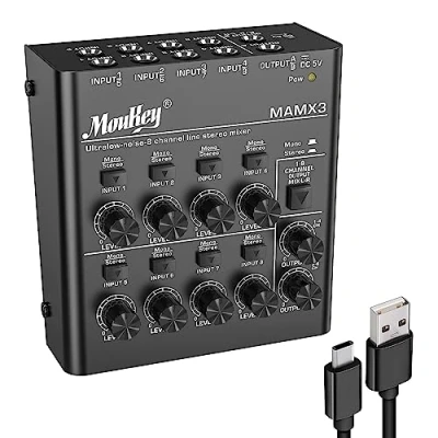 Image of Moukey Ultra Low Noise 8 Channel Line Mixer for Sub Mixing, DC 5V Stereo Mini Audio Mixer, Ideal Small Clubs or Bars, Guitars, Bass, Keyboards Stage MAMX3