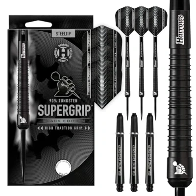 Image of Harrows Supergrip BLACK EDITION 90% Tungsten Steel Tip Darts Set. Available in 21g, 22g, 23g, 24g, 25g, 26g, 28g &amp; 30g Includes Shafts Flights