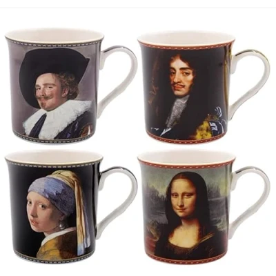 Image of Lesser &amp; Pavey Leonardo Da Vinci&#039;s Famous Monalisa Portrait and Assorted Mug Set Decorative for Kitchen Dining of 4 Mugs