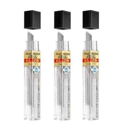 Image of Pentel 0.5mm Size 2B Shade Hardness Pencil Refill Replacement Spare Leads Hi Pollymer Super For Automatic &amp; Mechanical Pencils (Pack Of 3 Tubes 36 Pieces)