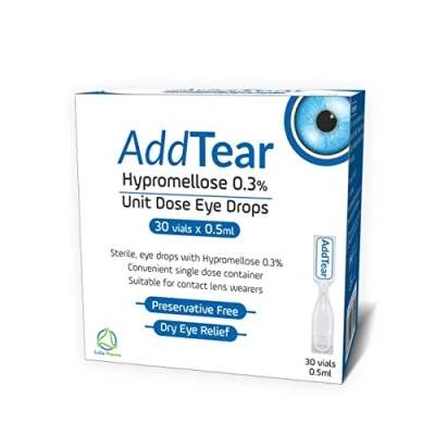 Image of AddTear Sterile and Preservative Free Eye Drops for Dry Eyes, Hypromellose 0.3% Unit Dose Drops, Suitable Contact Lens wearers (30 vials X 0.5 ml)