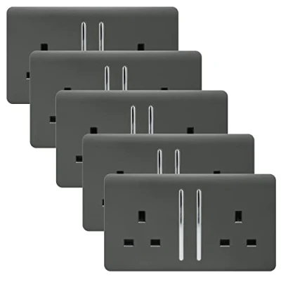 Image of Trendi 2 Gang Artistic Modern Glossy 13 Amp Switched Tactile Plug Socket Charcoal (5 Pack)