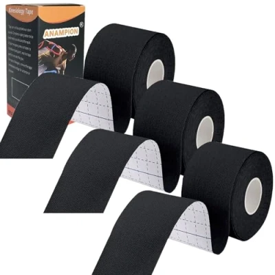 Image of ANAMPION Kinesiology Tape (3 Rolls,5cm*5m) Waterproof Sports for Athletes Physio Elastic Pain Relief Adhesive Muscles Shin Splints Ankle Knee Shoulder (Black)