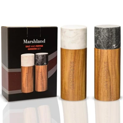 Image of Marshland UK Salt and Pepper Grinder Set Spice Made from Acacia Wood Marble, of 2 Mill Color