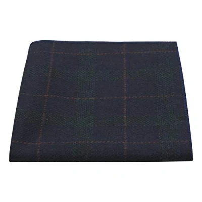 Image of King &amp; Priory Navy Blue Dark Green Check Pocket Square, Tweed, Tartan, Plaid