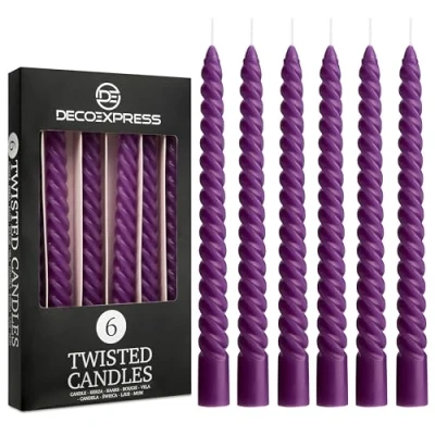 Image of Dinner Candles Pack 3 or 6 Twisted White Red Gold Coloured Spiral Non Drip Long Lasting Hours Burn Scented (Purple, of 6)