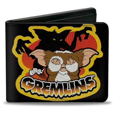 Image of Horror Movies Wallet, Bifold, Gremlins Stripe and Gizmo Pose Black Yellow, Vegan Leather, 4.0&quot; x 3.5&quot;, Casual