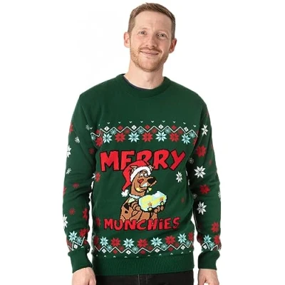 Image of Scooby Doo! Adults Christmas Jumper Mens Ladies Merry Munchies Reindeer Festive Green Knitted Sweater Presents for Him Her Medium