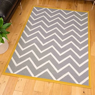 Image of Modern Grey Ochre Chevron ZigZag Rug Mustard Yellow Geometric Durable Lounge Living Room Area Hallway Bedroom Rugs 240cm x 330cm