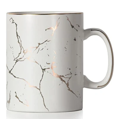 Image of SHOWFULL 22oz Luxury Gold Pattern Inlay Exter Large Coffee Mug, 650ml Classic Ceramic Marble Tea Cup with Handle for Men Women, Matte White