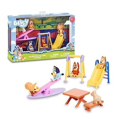 Image of Bluey Playset, Playset with 5 Series Character Figures and Park Accessories, Swing, Slide, Rocker Picnic Table, Boys Girls + 3 Years, Famous (BLY51000)