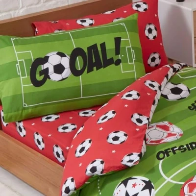 Image of Price Right Home Football Red and Green Bedroom Range Kids, Teens, Sports Theme Duvet Cover Set, Fitted Sheet Set &amp; Curtains Available (Single Set)