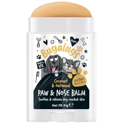 Image of BUGALUGS Dog nose balm, Natural lick safe paw balm for dogs contains Colloidal Oatmeal, cream Vegan formula reduces skin irritation and redness (Coconut &amp; Oatmeal 41g)