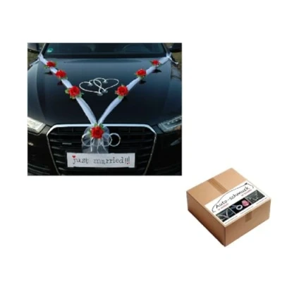 Image of ORGANZA M + HERZEN Braut Paar Rose Deko Dekoration Autoschmuck Hochzeit Car Auto Wedding Ratan Girlande ®Auto schmuck PKW (Rot/Weiß/Weiß)