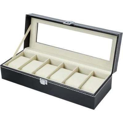 Image of Ohuhu Watch Box with 6 Slots, Case Glass Lid, PU Leather Holder Velvet Pillows, Storage for Men and Women, Gift Idea Birthday Father&#039;s Day Christmas