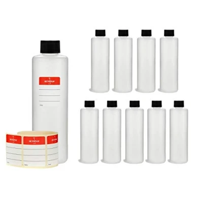 Image of Octopus 10 x 250 ml plastic bottles, HDPE bottles with black screw caps, empty round incl. labels