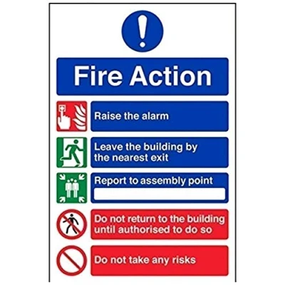 Image of V Safety General Fire Action 5 Message Risks Sign Portrait 200mm x 300mm 1mm Rigid Plastic