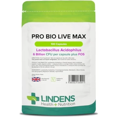 Image of Lindens Pro Bio Live Max 6 Billion CFU Capsules 100 Pack Contributes to a Healthy Gut and Supports Digestion Probiotic Vegetarian UK Manufacturer, Letterbox Friendly