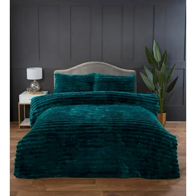 Image of Rapport home Chunky Ribbed Premium Luxury Faux Rabbit Fur Duvet Cover Set Single Racing Green Soft and Warm Fluffy Bedding