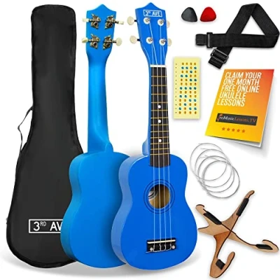 Image of 3rd Avenue Soprano Ukulele 21 Inch Beginner Pack Bundle Bag, Stand, Strap, Strings, Picks and Fret Stickers Blue with FREE 1 Month Online Lessons