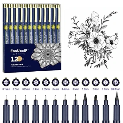 Image of EooUooIP Black Fineliner Pens, 12 Pack Fineliners Art Pens Set, Technical Drawing Brush for Artists, Handwriting, Calligraphy, Sketching Illustrations, Drawing, Supplies