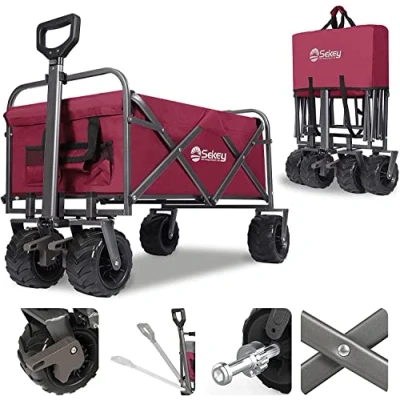 Image of Sekey foldable folding wagon cart with brake, heavy duty garden large wheel, trolley outdoor transport trailer, red