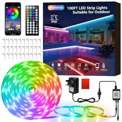 Image of HUEMIHUI 30M Outdoor Waterproof LED Strip Lights,Music Sync RGB IP68 Lights with Remote &amp; App Control, 24V Rope for Outdoor,Indoor, Garden,Party