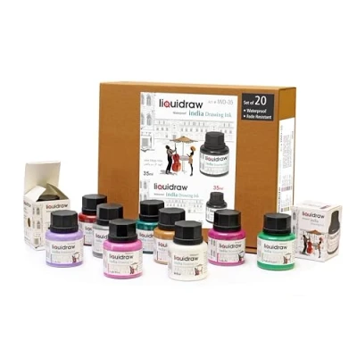 Image of Liquidraw Coloured Drawing Ink Set India Ink, Waterproof, of 20 Assorted Colours, 35ml Indian Inks for Artists