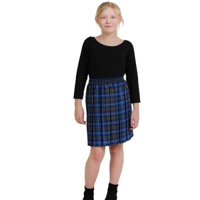 Image of Crazy Chick® Girls Box Pleated Tartan Check Skirt Kids School Uniform Fancy Dress Party (5 6 Years, Blue)