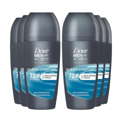 Image of Dove Men+Care Roll On Clean Comfort Advanced Moisturiser Technology 48 Hour Protection From Sweat &amp; Odour Dermatologically Tested Antiperspirant Deodorant, 50ml Pack of 6