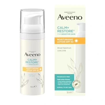 Image of Aveeno Face CALM+RESTORE Moisturising Lotion SPF 50 (1 x 50ml), Lightweight Triple Action Formula, Long Lasting Hydration, Soothes Sensitive Skin, High Sun Protection, Broad Spectrum UVA &amp; UVB