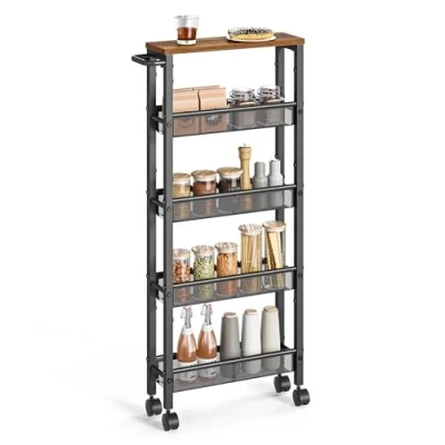 Image of VASAGLE 5 Shelf Trolley, Space Saving Kitchen Cart with Castors, Steel Frame, Handle, Trolley for Small Spaces, Bathroom Living Room Studio, Rustic Brown and Black LRC034B01