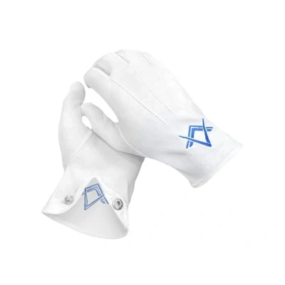 Image of THE Masonic COLLECTION White Premium Cotton Gloves with royal blue embroidery of Square &amp; Compass Logo Washable Reusable gift for Freemason men