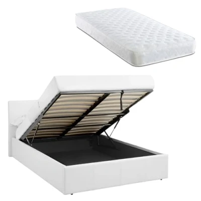Image of Direct Furniture Suppliers 4ft Small Double White Ottoman Lift Up Storage Faux Leather Bed