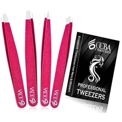 Image of OCBA 4 Pcs Pink Tweezers for Facial Hair Women &amp; Men Precise Grooming of Eyebrows Professional Stainless Steel Black Color Coated Eyebrow Ingrown on Nose Ear (Pink)